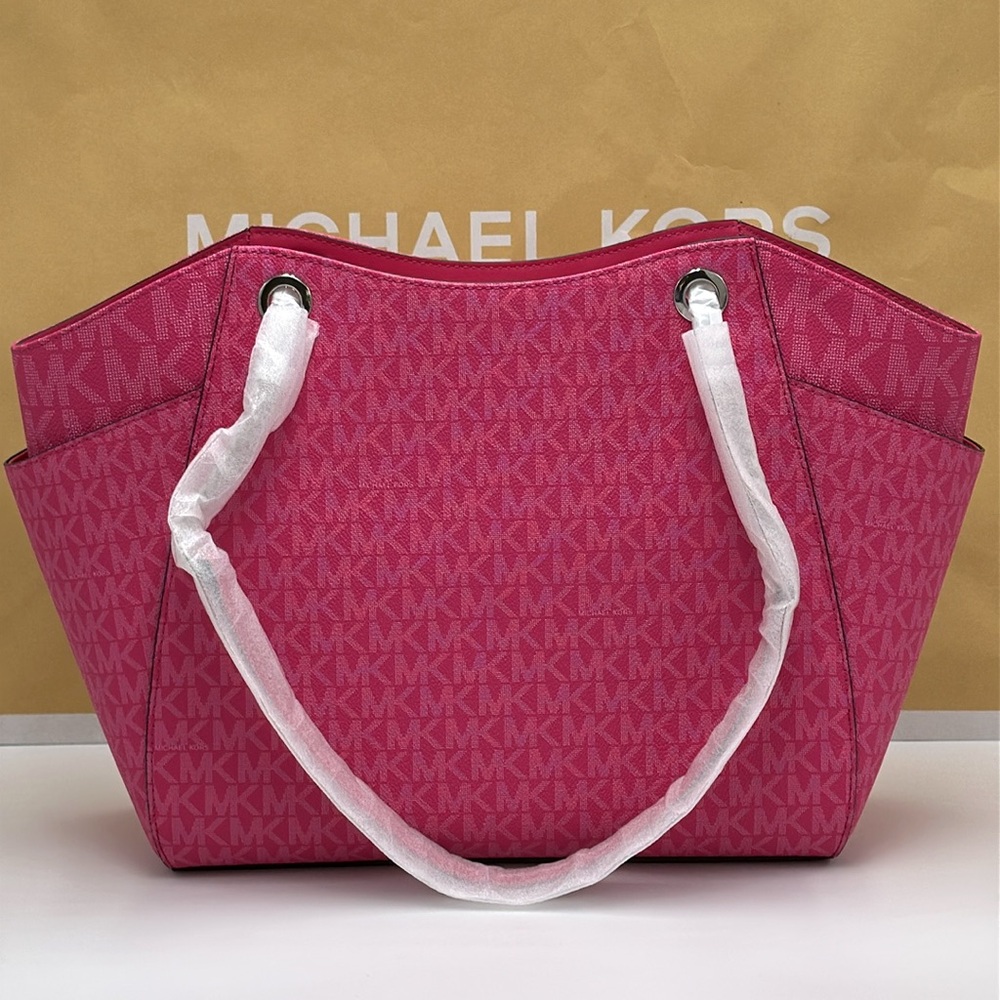 MICHAEL KORS  Jet Set Travel Large Signature Chain Shoulder Tote Bag Dragonfruit - Picture 7 of 14